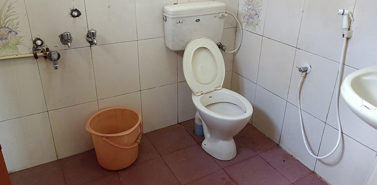 Bathroom with toilet, bidet spray, and bucket