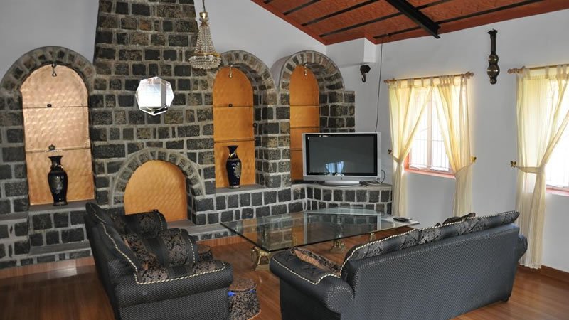 Living room with sofas, glass table, television and decorative stone wall
