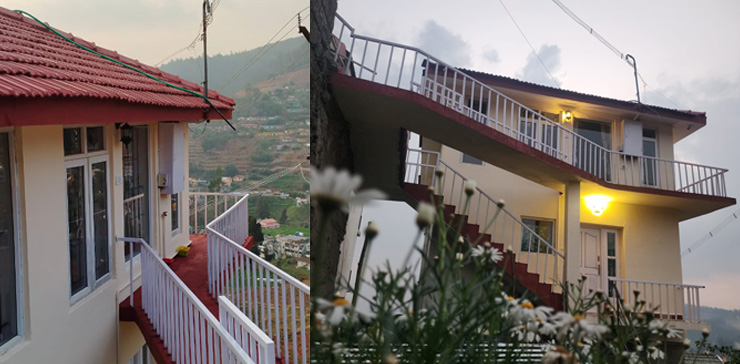 Hilltop cottage in Ooty with red roof, white railings, and scenic valley views