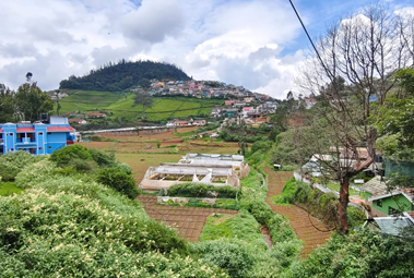 Scenic green valley with vegetable fields and hillside houses