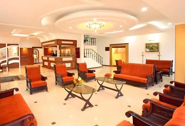 Spacious hotel lobby with elegant seating